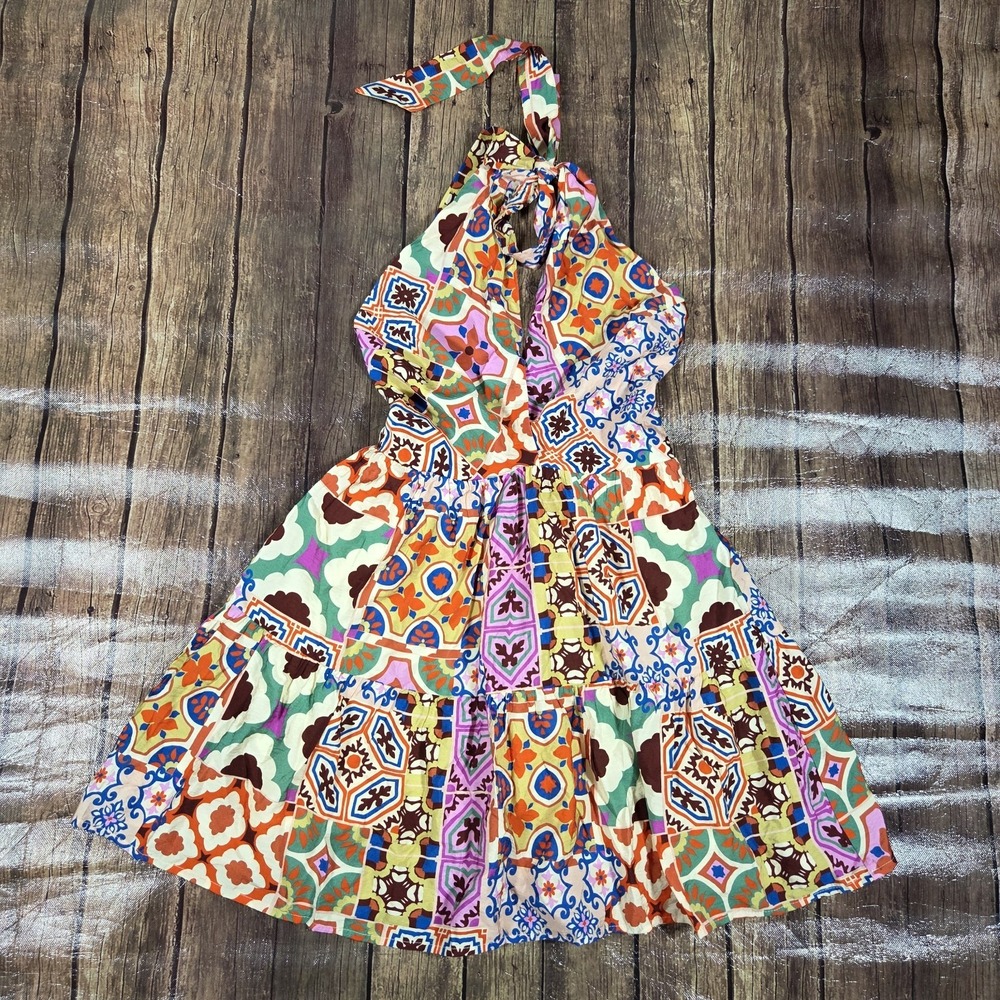 Fore Patchwork Halter Dress Womens S Multicolor Boho Euro Summer Mediterranean